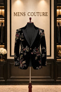 Men’s Black Velvet Floral Embroidered Tuxedo Blazer