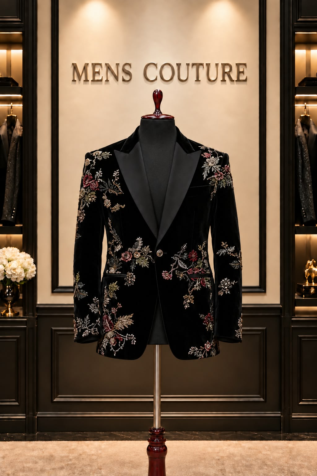 Men’s Black Velvet Floral Embroidered Tuxedo Blazer