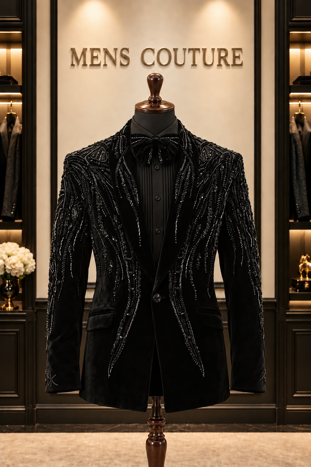 Men’s Black Velvet Hand-Embroidered Tuxedo Blazer