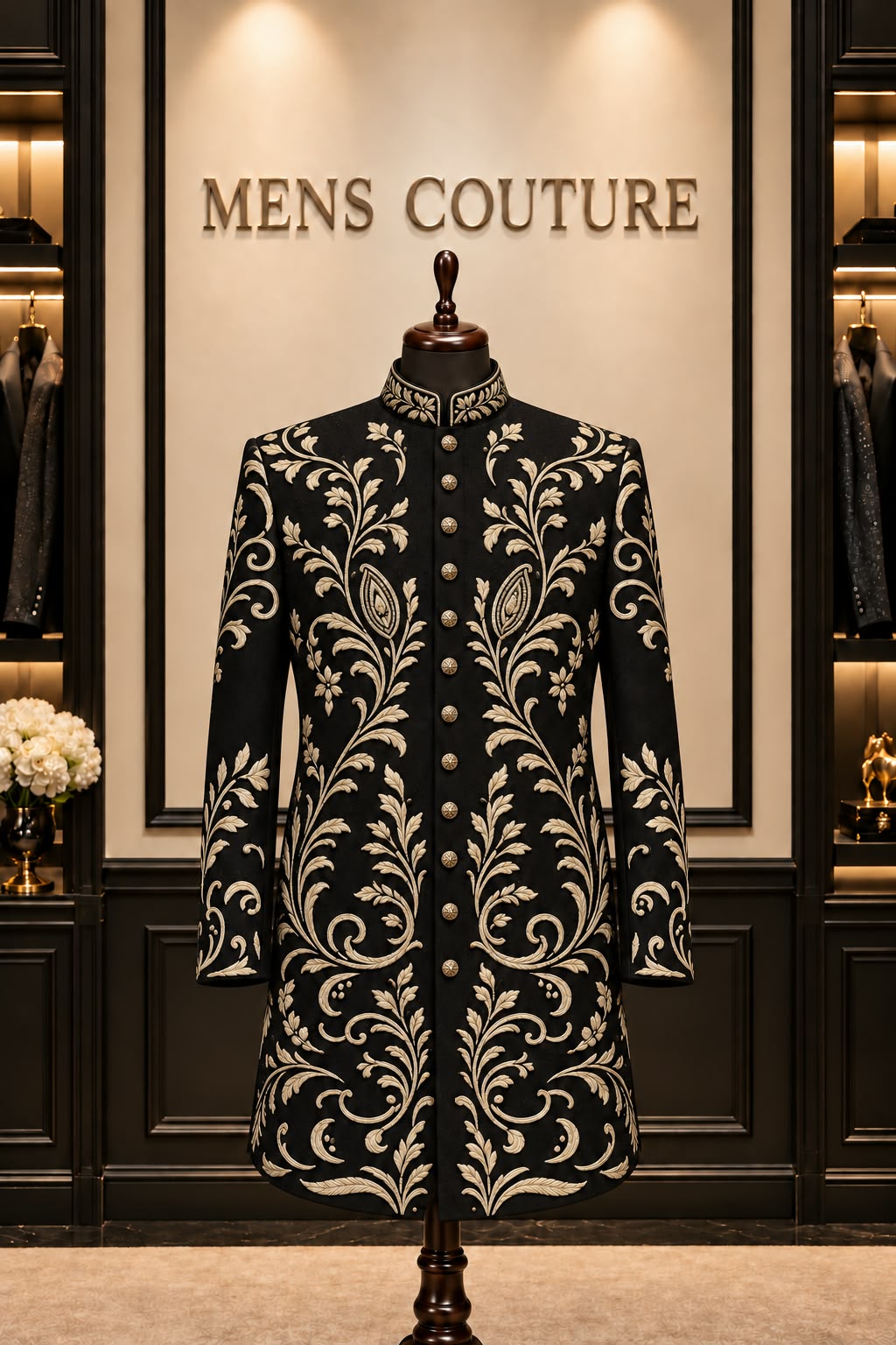 Royal Black & Gold Floral Embroidered Sherwani