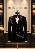 Regal Black & Gold Embroidered Double-Breasted Tuxedo
