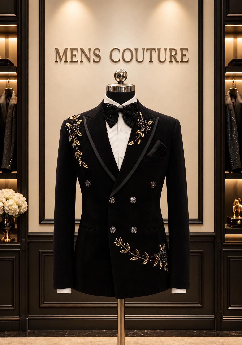 Regal Black & Gold Embroidered Double-Breasted Tuxedo