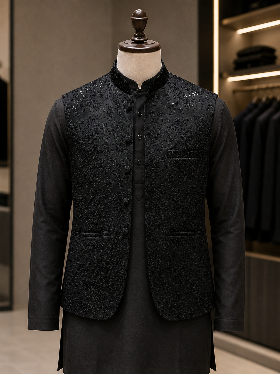 Black Kurta Pant with Designer Bundi Set