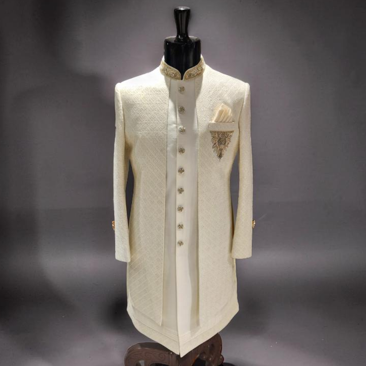 Royal Ivory / black Velvet with self Textured Embroidered Sherwani